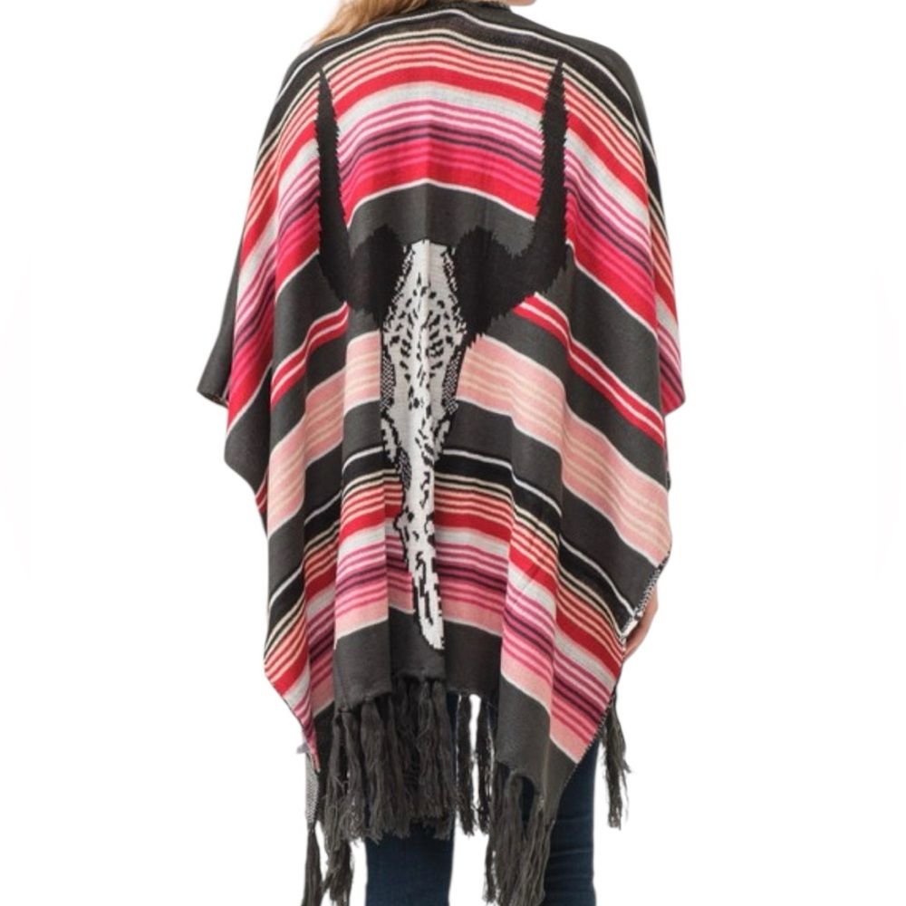 S104 Raj Jordon Stripe Fringe Knit Wrap Poncho Shawl w Buffalo Skull Print